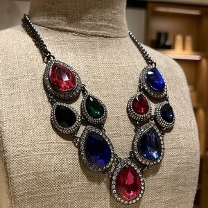 Chunky Multicolor Statement Bib Necklace - Gunmetal